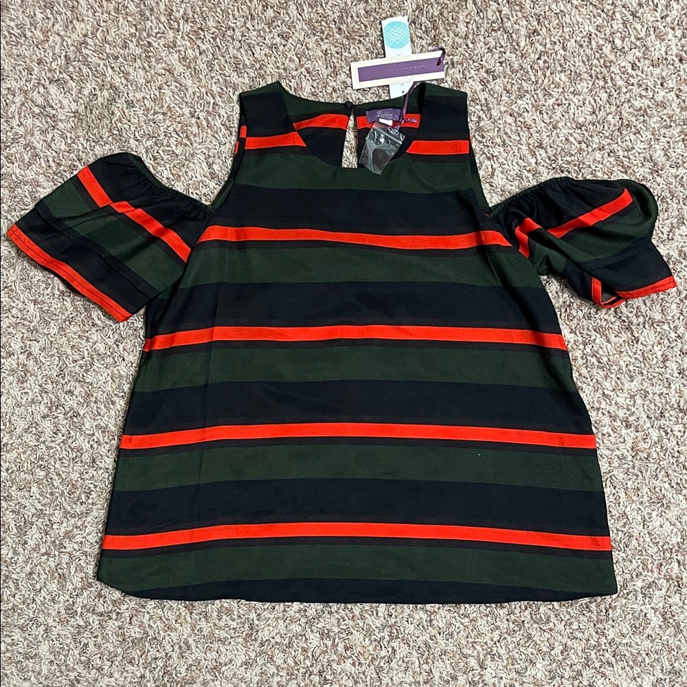 Striped Cold Shoulder Blouse - Red and Green